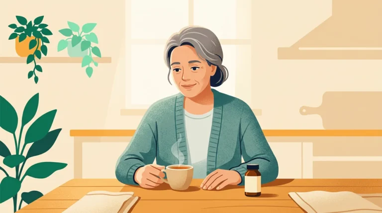 Vitamins for menopause fatigue: woman with tea and vitamins at a kitchen table