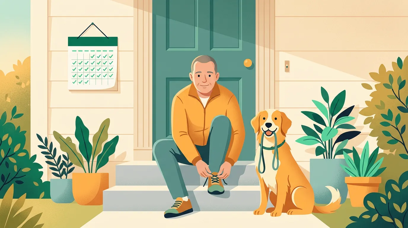 Walking for weight loss 4-week plan: man lacing his shoes for a daily walk with his dog