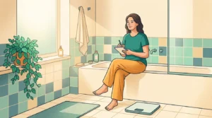 Weight loss plateau: woman sitting calmly beside her bathroom scale with a notebook