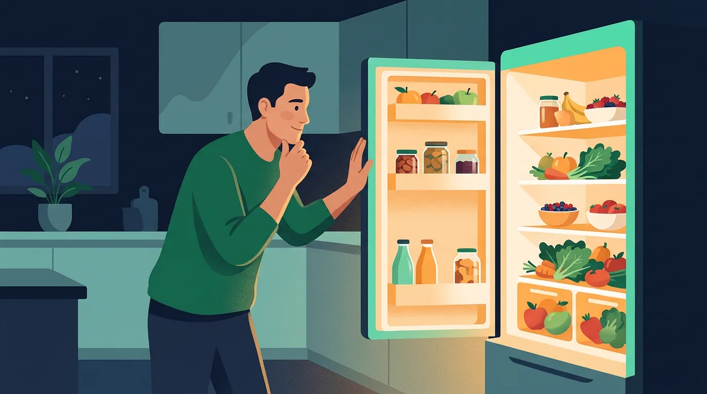 Weight loss plateau and appetite: man looking in the fridge for an evening snack