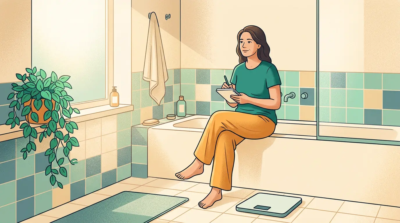 Weight loss plateau: woman sitting calmly beside her bathroom scale with a notebook