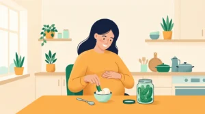 Weird pregnancy cravings: pregnant woman eating a pickle dipped in ice cream