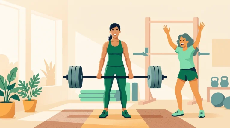 What does PR mean in gym: smiling woman finishing a deadlift as a friend cheers in a bright gym