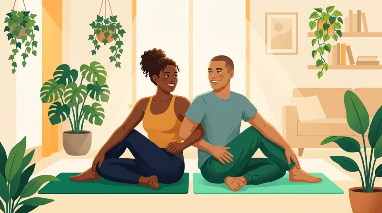 Yoga poses for 2: two friends doing a seated partner twist on yoga mats in a bright living room